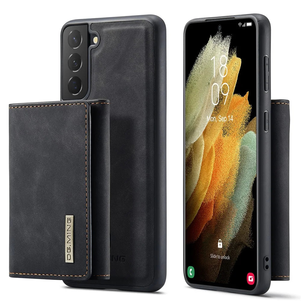 DG.MING M1 Series Detachable 2 in 1 Wallet Design Leather Coated TPU + PC Case with Kickstand for Samsung Galaxy S21 FE - Black - 1