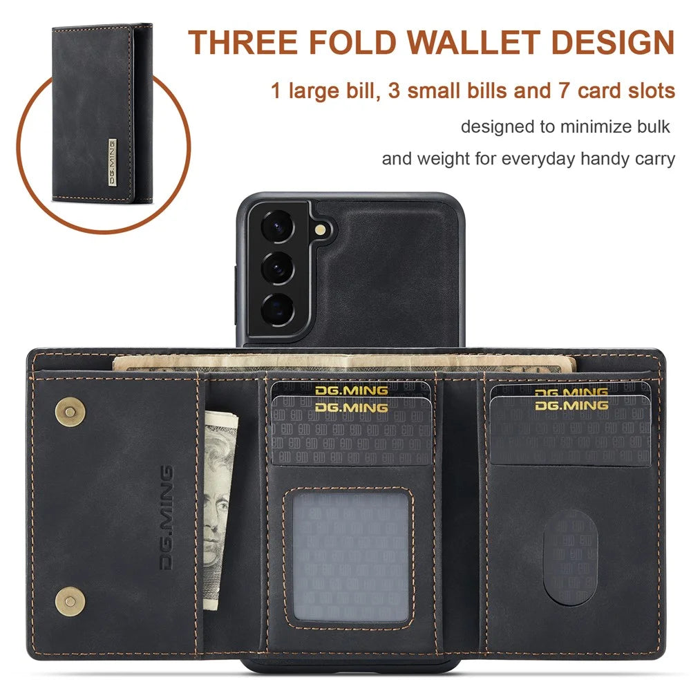 DG.MING M1 Series Detachable 2 in 1 Wallet Design Leather Coated TPU + PC Case with Kickstand for Samsung Galaxy S21 FE - Black - 7