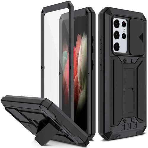 R-JUST Kickstand Full-Body Shockproof Metal Case with Built-in Screen Protector and Slide Camera Lens Cover for Samsung Galaxy S21 Ultra 5G - Black - 1
