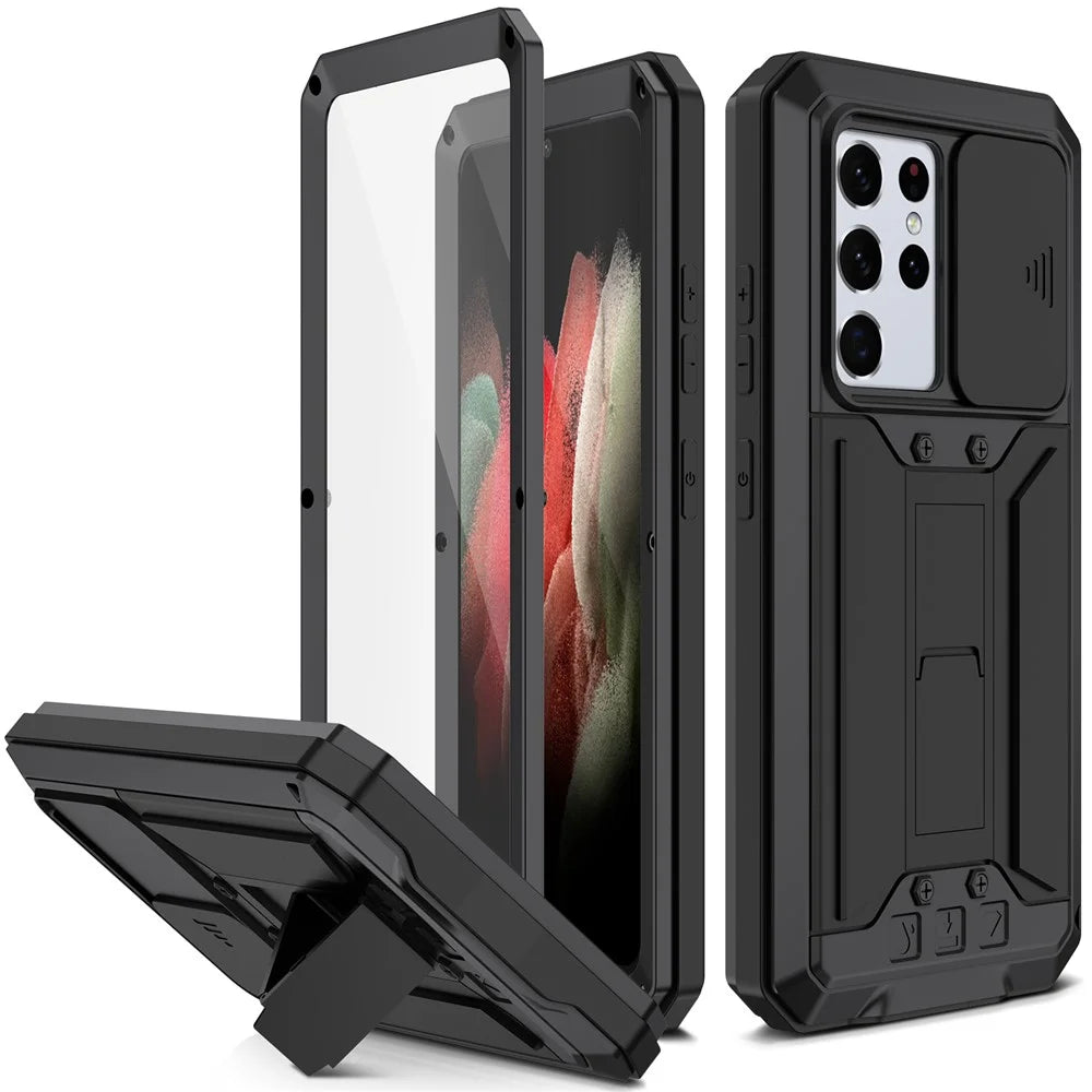 R-JUST Kickstand Full-Body Shockproof Metal Case with Built-in Screen Protector and Slide Camera Lens Cover for Samsung Galaxy S21 Ultra 5G - Black - 1