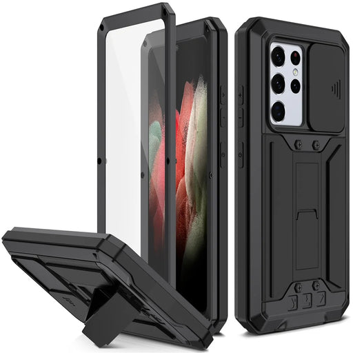 R-JUST Kickstand Full-Body Shockproof Metal Case with Built-in Screen Protector and Slide Camera Lens Cover for Samsung Galaxy S21 Ultra 5G - Black - 1