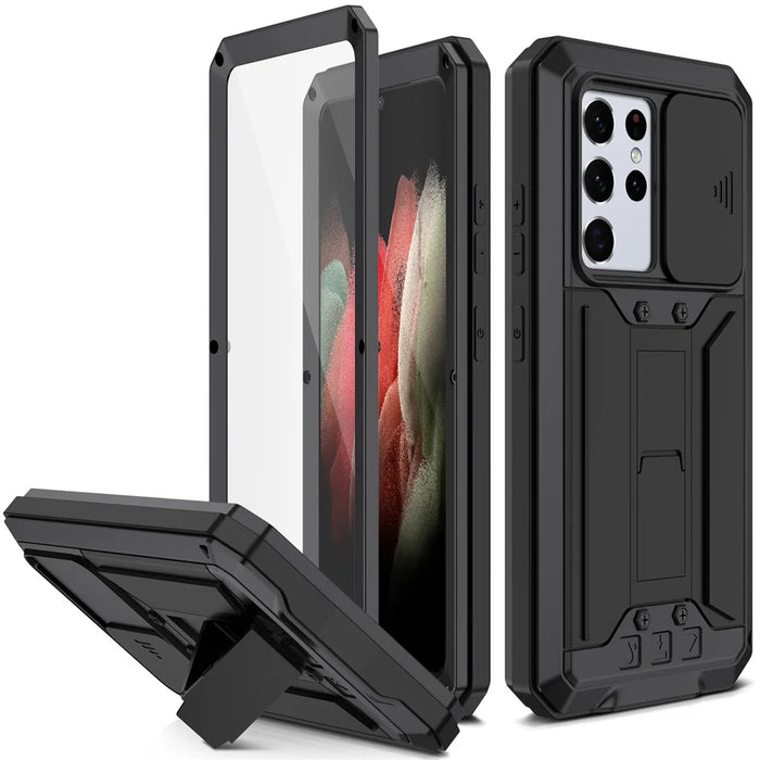 R-JUST Kickstand Full-Body Shockproof Metal Case with Built-in Screen Protector and Slide Camera Lens Cover for Samsung Galaxy S21 Ultra 5G - Black - 1