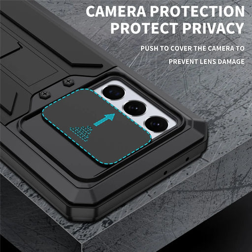 R-JUST Kickstand Full-Body Shockproof Metal Case with Built-in Screen Protector and Slide Camera Lens Cover for Samsung Galaxy S21 Ultra 5G - Black - 2