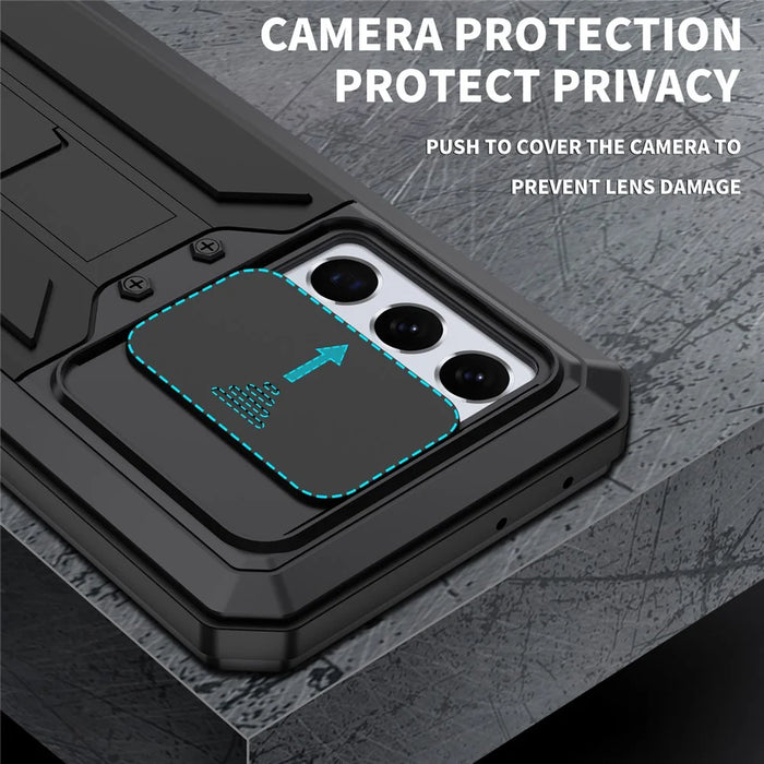 R-JUST Kickstand Full-Body Shockproof Metal Case with Built-in Screen Protector and Slide Camera Lens Cover for Samsung Galaxy S21 Ultra 5G - Black - 2