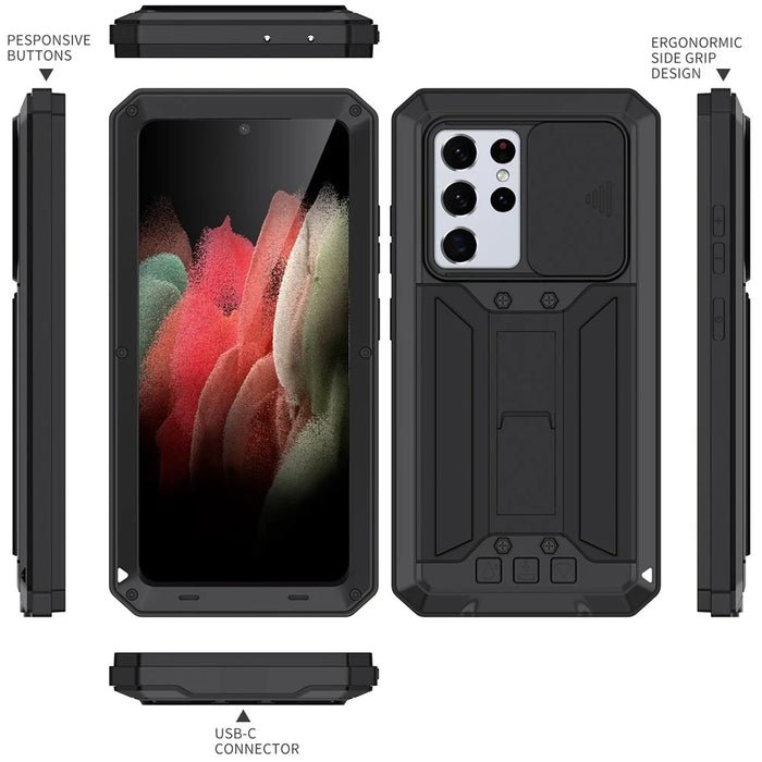 R-JUST Kickstand Full-Body Shockproof Metal Case with Built-in Screen Protector and Slide Camera Lens Cover for Samsung Galaxy S21 Ultra 5G - Black - 7