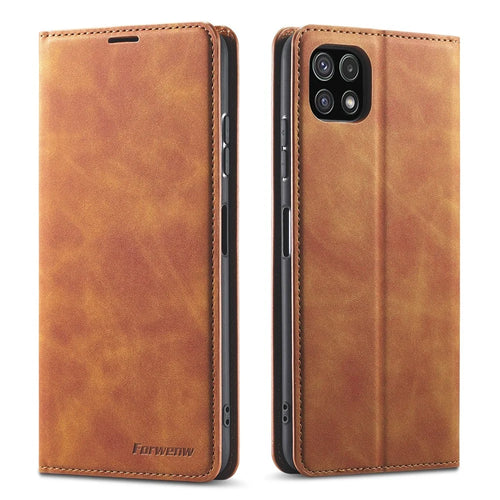 FORWENW for Samsung Galaxy A22 5G (EU Version) Fantasy Series Skin-Touch Leather Wallet Stand Phone Case - Brown - 1