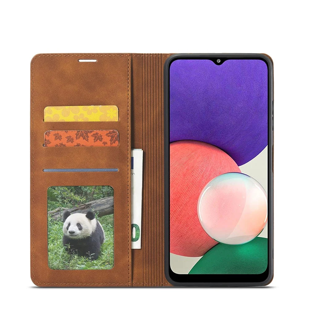 FORWENW for Samsung Galaxy A22 5G (EU Version) Fantasy Series Skin-Touch Leather Wallet Stand Phone Case - Brown - 4