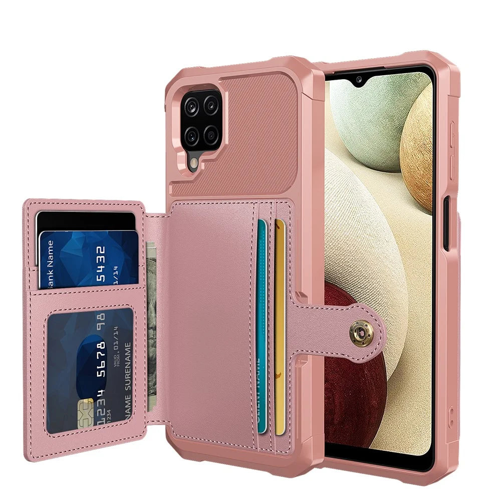 Kickstand Card Holder Design PU Leather Coated TPU Phone Case Cover [Built-in Magnetic Sheet] ZM03 for Samsung Galaxy A12 - Pink - 1
