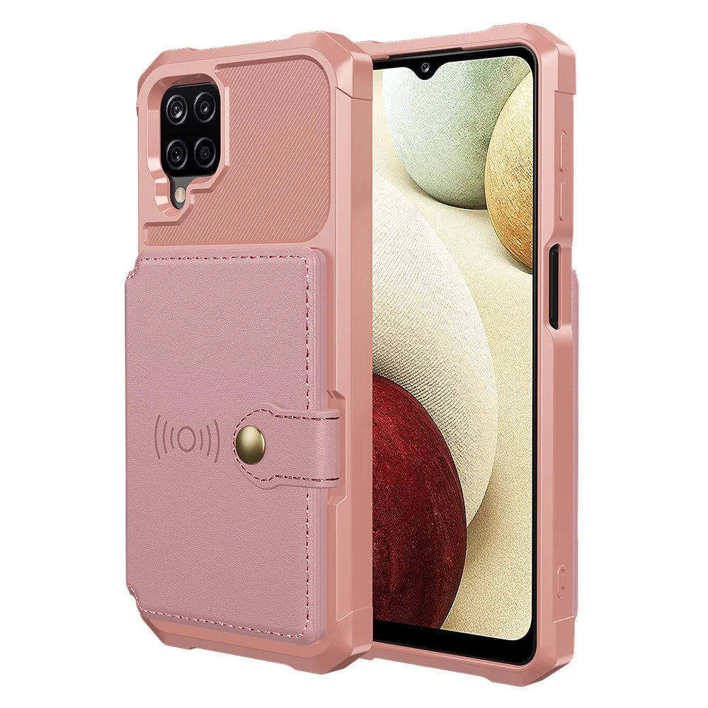 Kickstand Card Holder Design PU Leather Coated TPU Phone Case Cover [Built-in Magnetic Sheet] ZM03 for Samsung Galaxy A12 - Pink - 2
