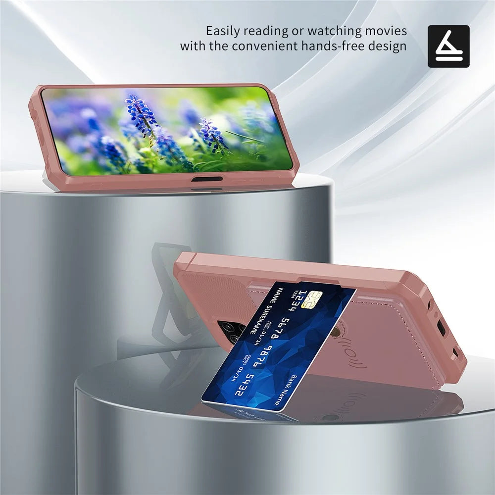 Kickstand Card Holder Design PU Leather Coated TPU Phone Case Cover [Built-in Magnetic Sheet] ZM03 for Samsung Galaxy A12 - Pink - 3