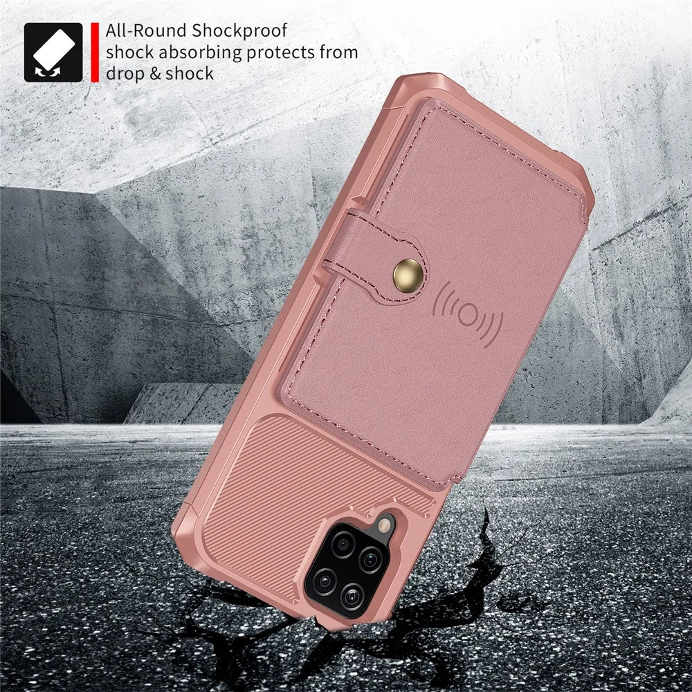 Kickstand Card Holder Design PU Leather Coated TPU Phone Case Cover [Built-in Magnetic Sheet] ZM03 for Samsung Galaxy A12 - Pink - 4