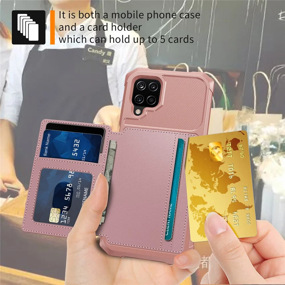 Kickstand Card Holder Design PU Leather Coated TPU Phone Case Cover [Built-in Magnetic Sheet] ZM03 for Samsung Galaxy A12 - Pink - 5