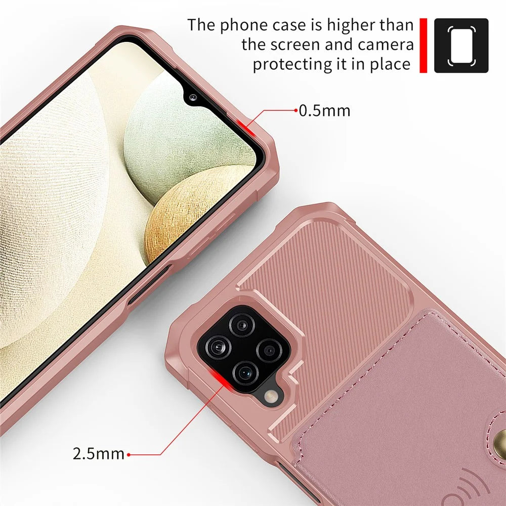 Kickstand Card Holder Design PU Leather Coated TPU Phone Case Cover [Built-in Magnetic Sheet] ZM03 for Samsung Galaxy A12 - Pink - 6