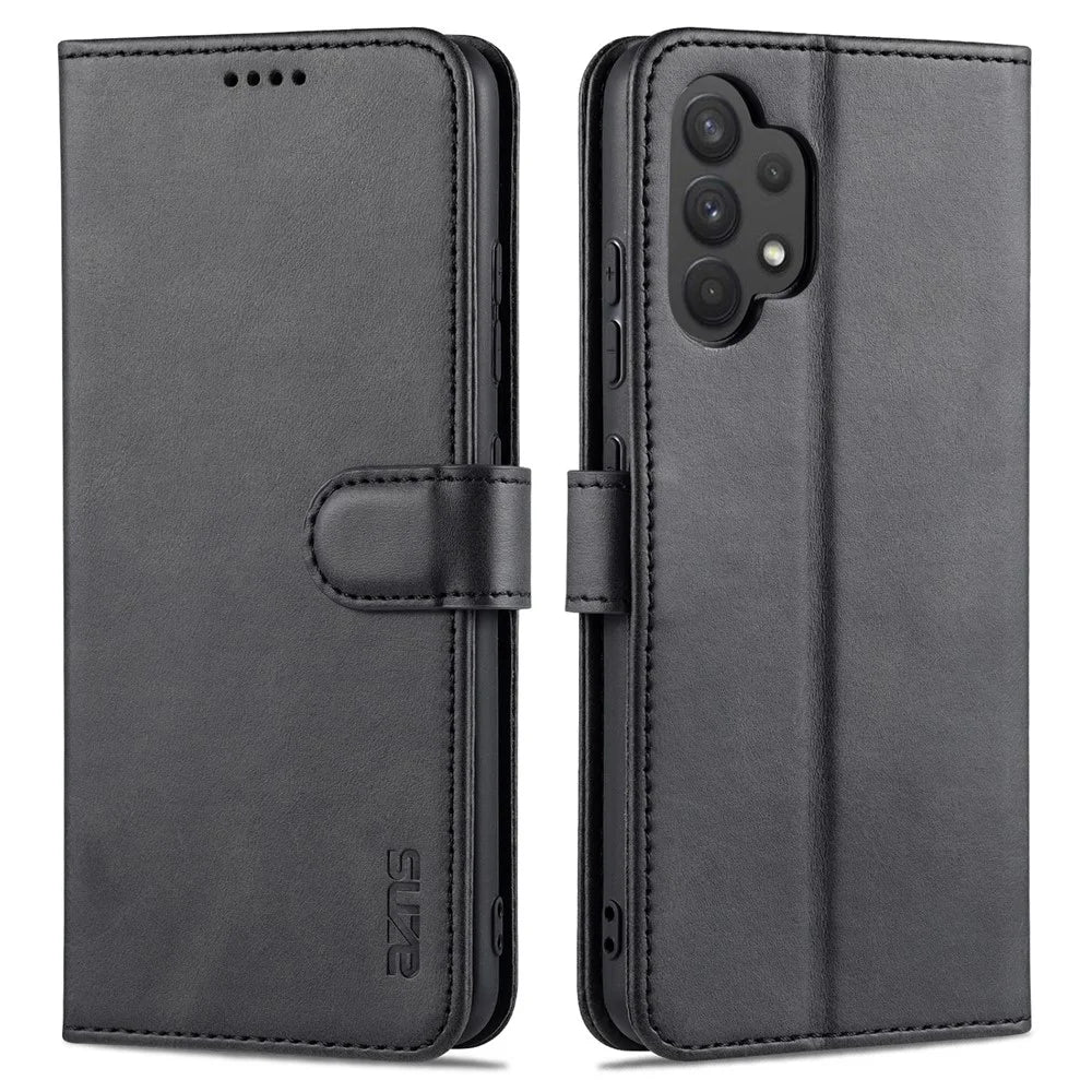 AZNS PU Leather Wallet Stand Phone Cover Shell for Samsung Galaxy A32 4G (EU Version) - Black - 1
