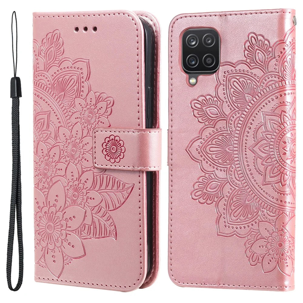 PU Leather Imprint Flowers Pattern Wallet Phone Case with Lanyard for Samsung Galaxy A12 / M12 / F12 - Rose Gold - 1