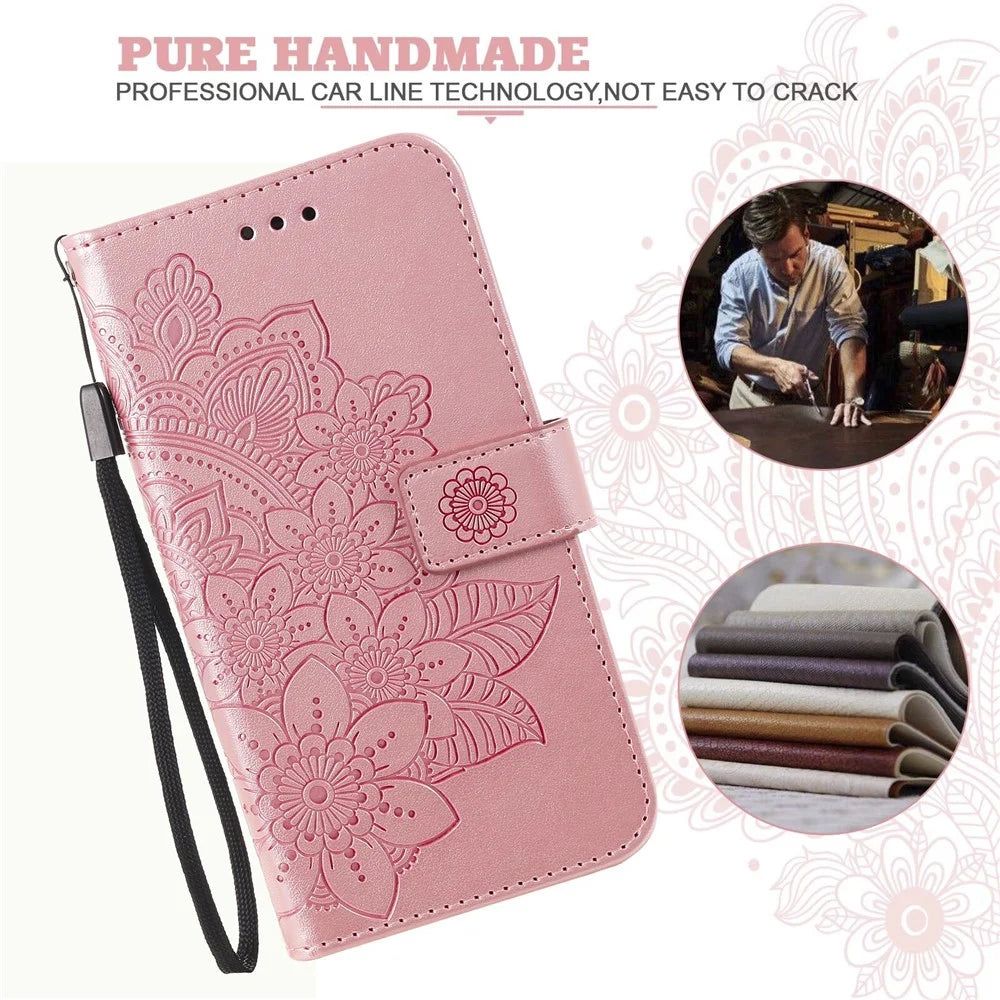 PU Leather Imprint Flowers Pattern Wallet Phone Case with Lanyard for Samsung Galaxy A12 / M12 / F12 - Rose Gold - 5