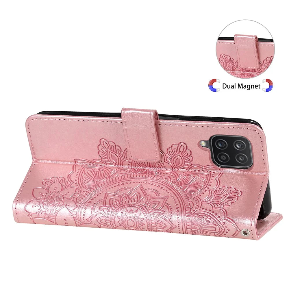 PU Leather Imprint Flowers Pattern Wallet Phone Case with Lanyard for Samsung Galaxy A12 / M12 / F12 - Rose Gold - 7