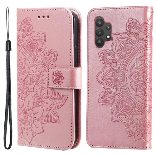PU Leather Imprint Flowers Pattern Wallet Phone Case with Lanyard for Samsung Galaxy A32 4G (EU Version) - Rose Gold - 1
