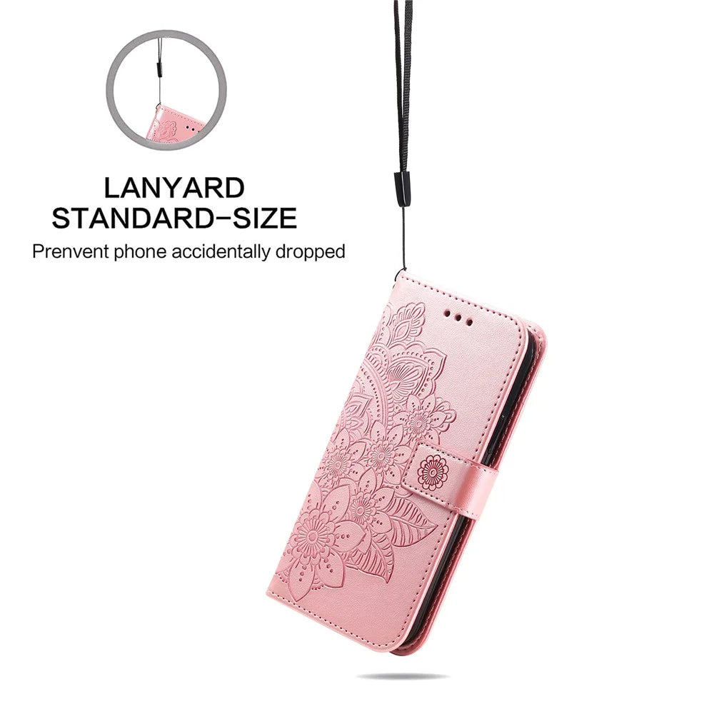PU Leather Imprint Flowers Pattern Wallet Phone Case with Lanyard for Samsung Galaxy A32 4G (EU Version) - Rose Gold - 4
