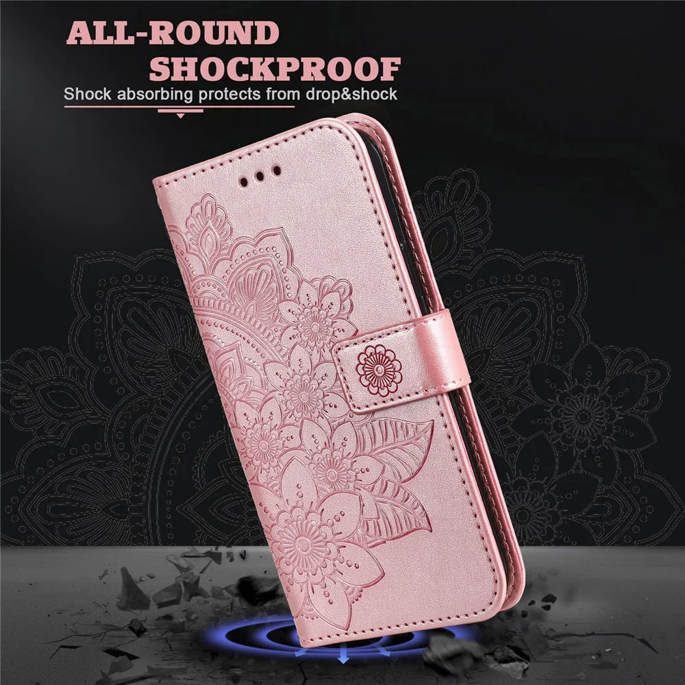 PU Leather Imprint Flowers Pattern Wallet Phone Case with Lanyard for Samsung Galaxy A32 4G (EU Version) - Rose Gold - 6