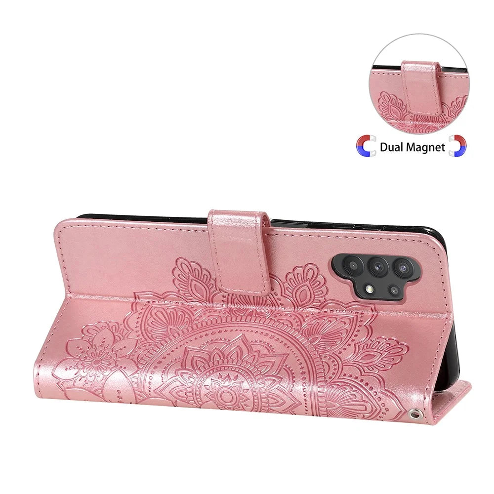 PU Leather Imprint Flowers Pattern Wallet Phone Case with Lanyard for Samsung Galaxy A32 4G (EU Version) - Rose Gold - 7
