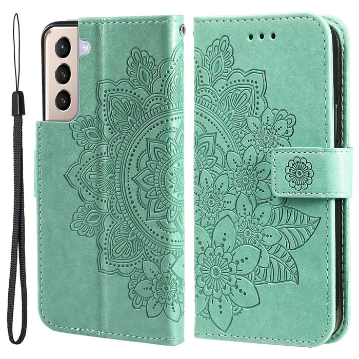 Imprint Flowers Pattern PU Leather Wallet Phone Case with Lanyard for Samsung Galaxy S21 5G/4G - Green - 1