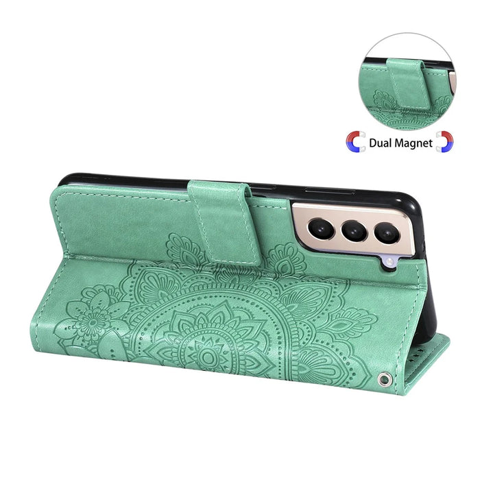 Imprint Flowers Pattern PU Leather Wallet Phone Case with Lanyard for Samsung Galaxy S21 5G/4G - Green - 2