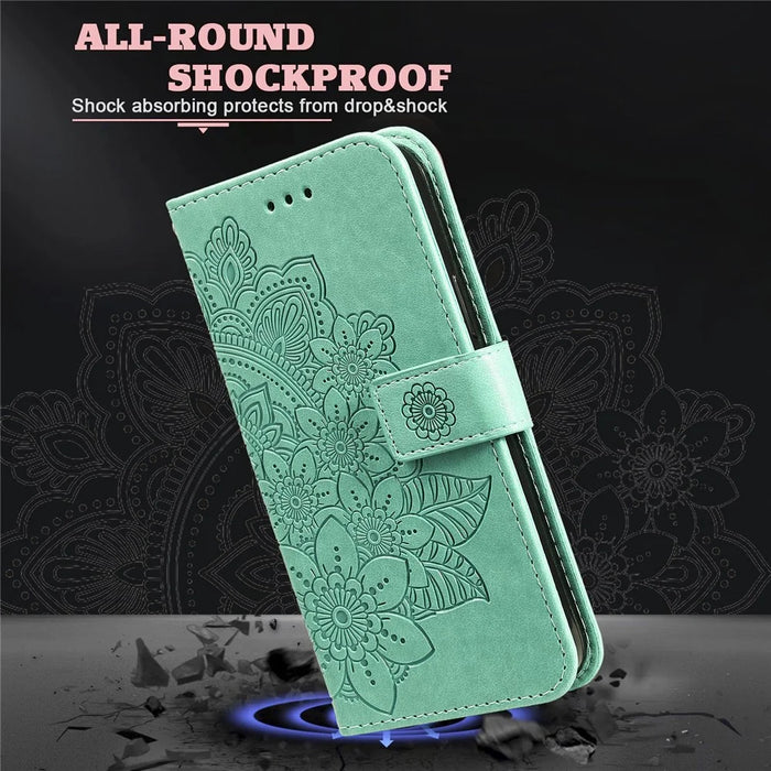 Imprint Flowers Pattern PU Leather Wallet Phone Case with Lanyard for Samsung Galaxy S21 5G/4G - Green - 7
