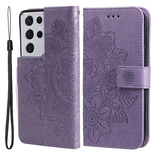 PU Leather Wallet Phone Case [Imprint Flowers Pattern] with Lanyard for Samsung Galaxy S21 Ultra 5G - Purple - 1