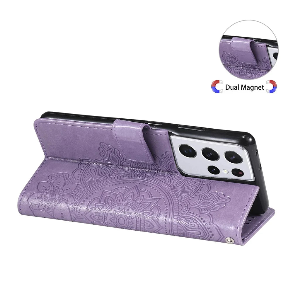 PU Leather Wallet Phone Case [Imprint Flowers Pattern] with Lanyard for Samsung Galaxy S21 Ultra 5G - Purple - 2