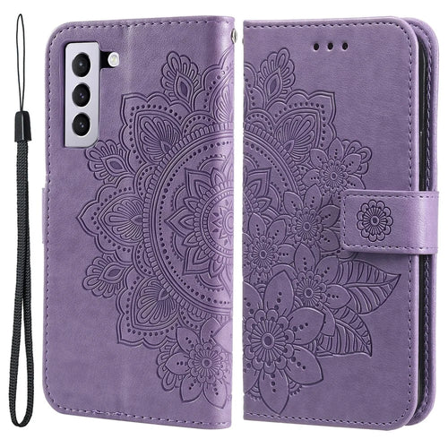PU Leather Imprint Flowers Pattern Wallet Phone Case with Lanyard for Samsung Galaxy S21 FE - Purple - 1