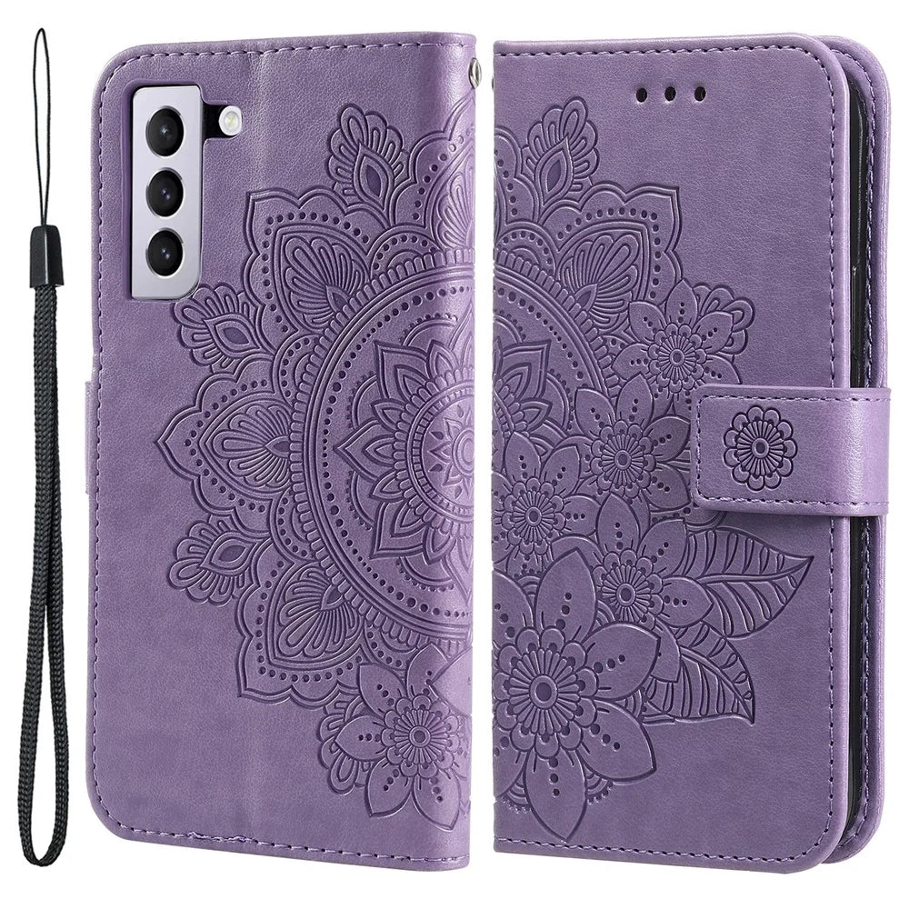 PU Leather Imprint Flowers Pattern Wallet Phone Case with Lanyard for Samsung Galaxy S21 FE - Purple - 1