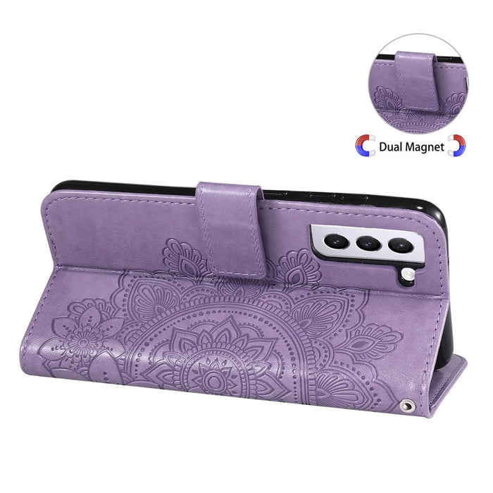 PU Leather Imprint Flowers Pattern Wallet Phone Case with Lanyard for Samsung Galaxy S21 FE - Purple - 2