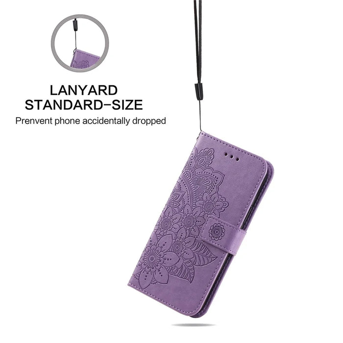 PU Leather Imprint Flowers Pattern Wallet Phone Case with Lanyard for Samsung Galaxy S21 FE - Purple - 4
