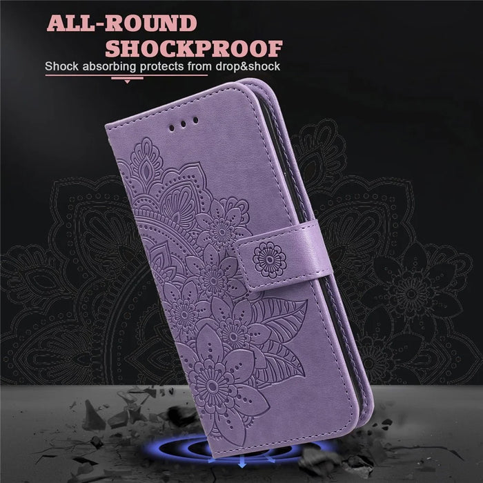 PU Leather Imprint Flowers Pattern Wallet Phone Case with Lanyard for Samsung Galaxy S21 FE - Purple - 5