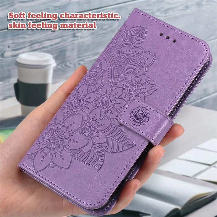 PU Leather Imprint Flowers Pattern Wallet Phone Case with Lanyard for Samsung Galaxy S21 FE - Purple - 6