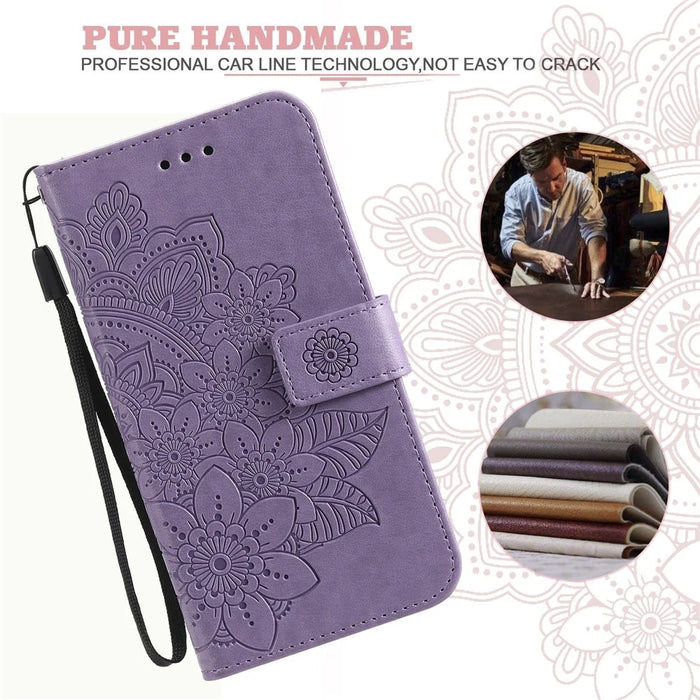 PU Leather Imprint Flowers Pattern Wallet Phone Case with Lanyard for Samsung Galaxy S21 FE - Purple - 7