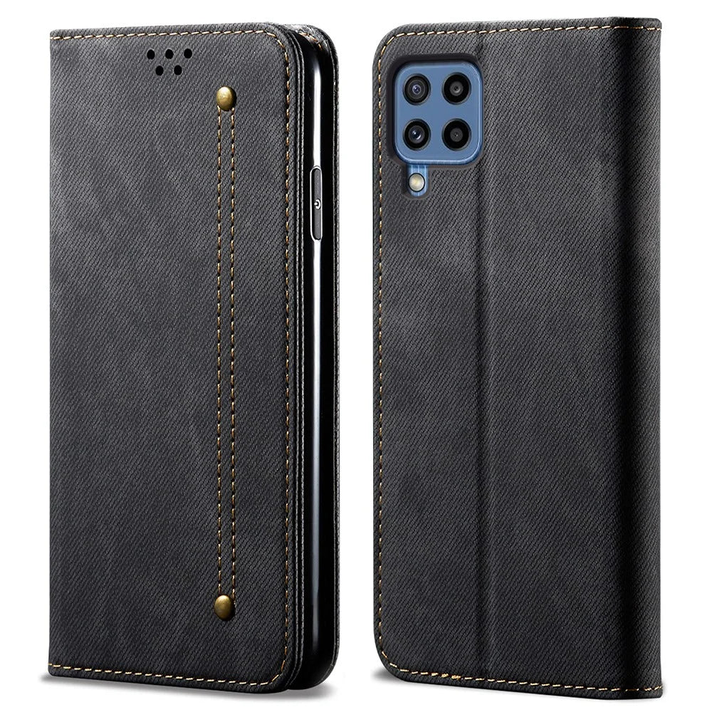 Jeans Cloth Texture Leisure Style Leather Wallet Case with Stand for Samsung Galaxy M32 (Global Version) - Black - 1