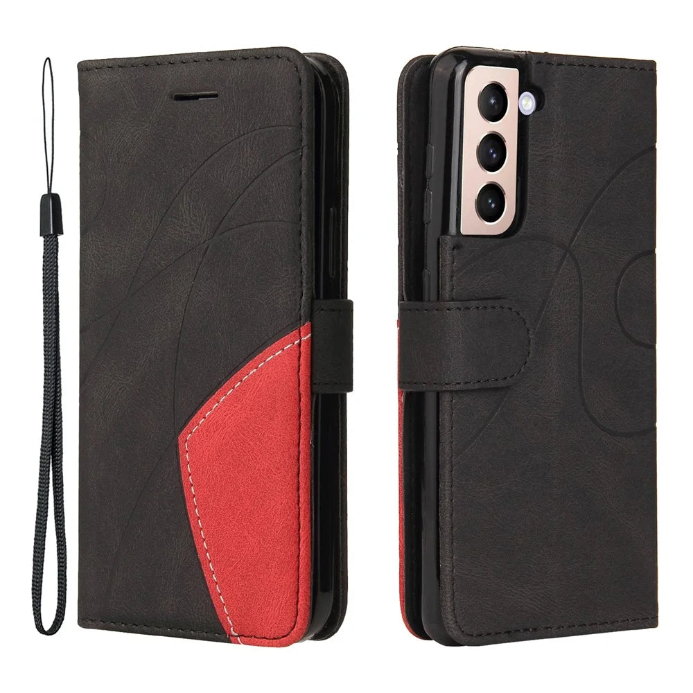 For Samsung Galaxy S21 5G / 4G Leather Case Wallet Stand Color Splicing Phone Cover - Black - 1