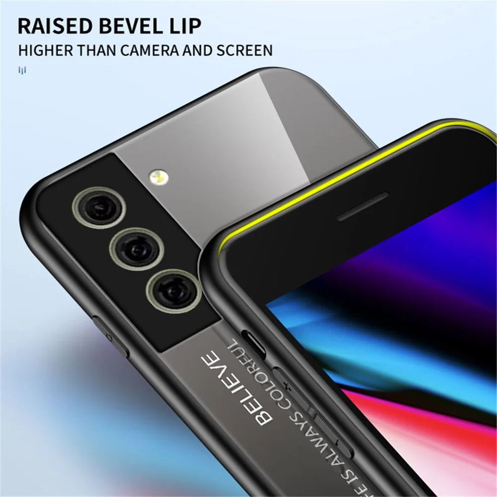 Tempered Glass Gradient Color Pattern + TPU Frame Hybrid Slim Case for Samsung Galaxy S21 FE - Gradient Red Black - 3