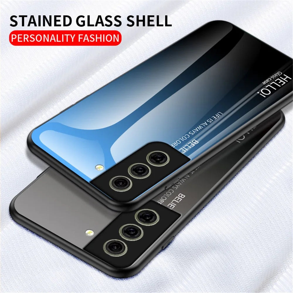 Tempered Glass Gradient Color Pattern + TPU Frame Hybrid Slim Case for Samsung Galaxy S21 FE - Gradient Red Black - 4