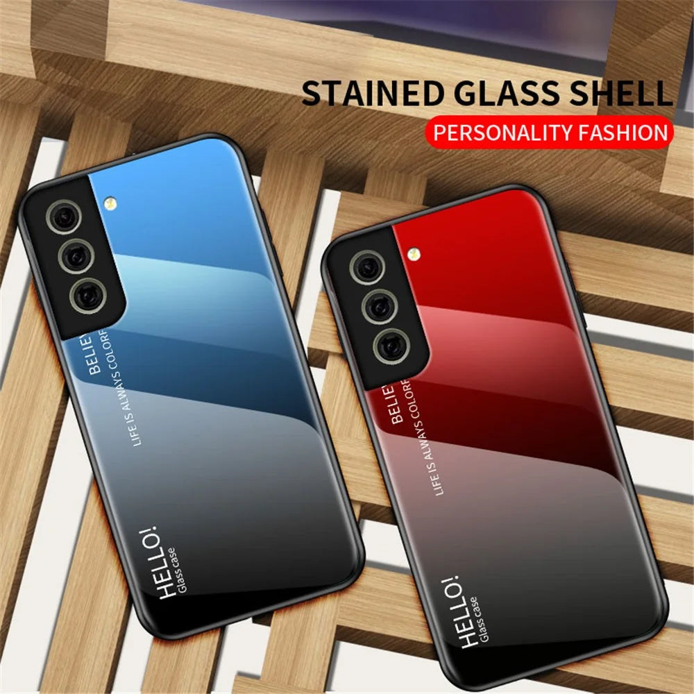 Tempered Glass Gradient Color Pattern + TPU Frame Hybrid Slim Case for Samsung Galaxy S21 FE - Gradient Red Black - 5