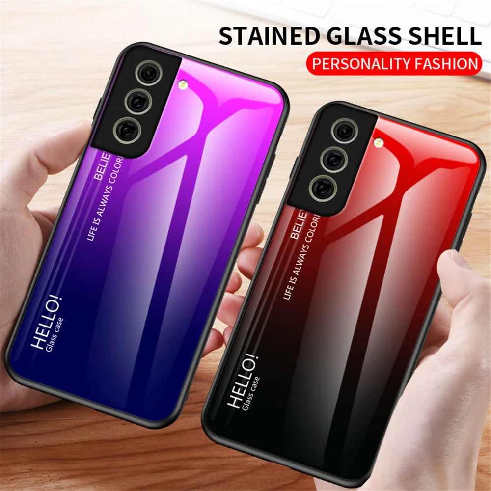 Tempered Glass Gradient Color Pattern + TPU Frame Hybrid Slim Case for Samsung Galaxy S21 FE - Gradient Red Black - 6