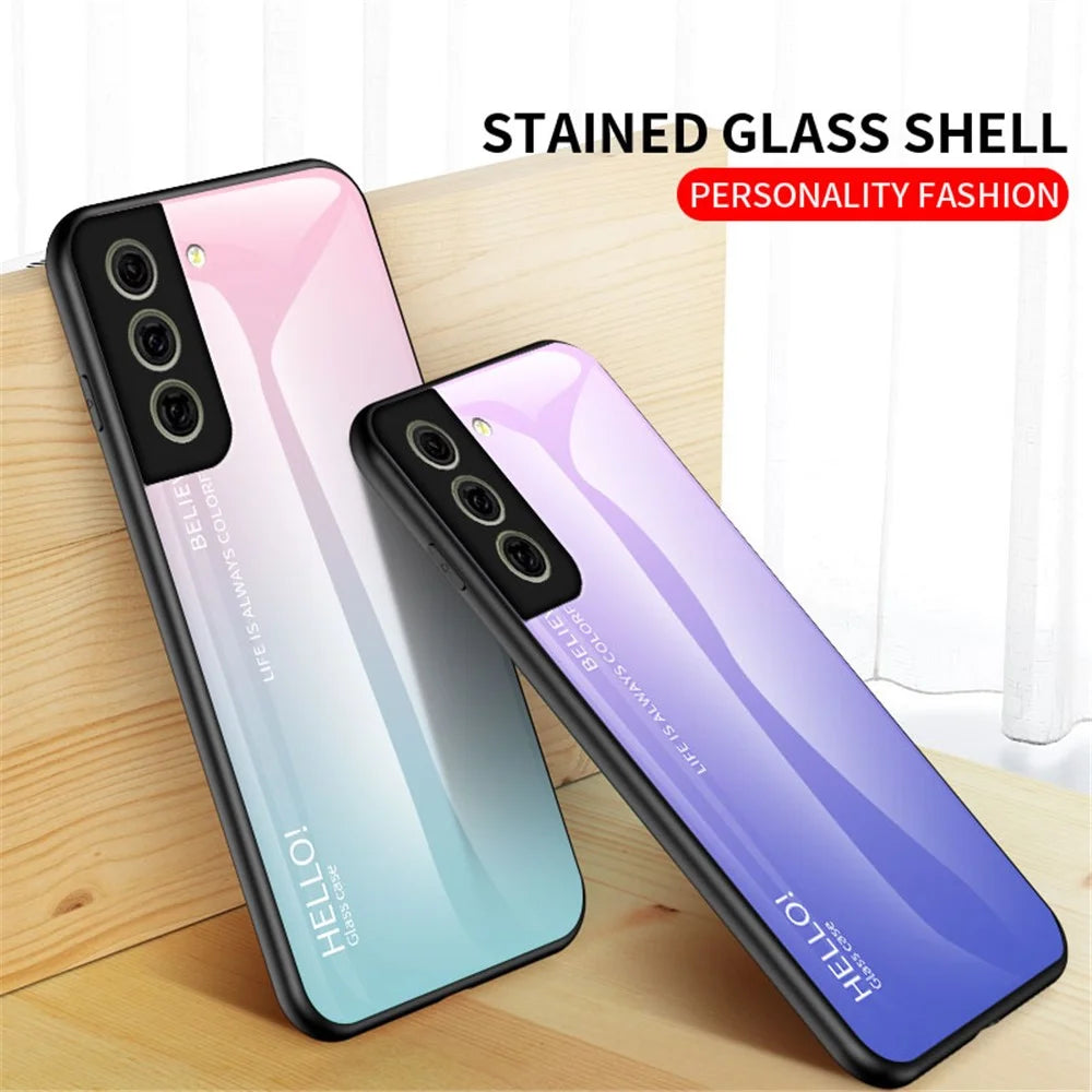 Tempered Glass Gradient Color Pattern + TPU Frame Hybrid Slim Case for Samsung Galaxy S21 FE - Gradient Red Black - 7