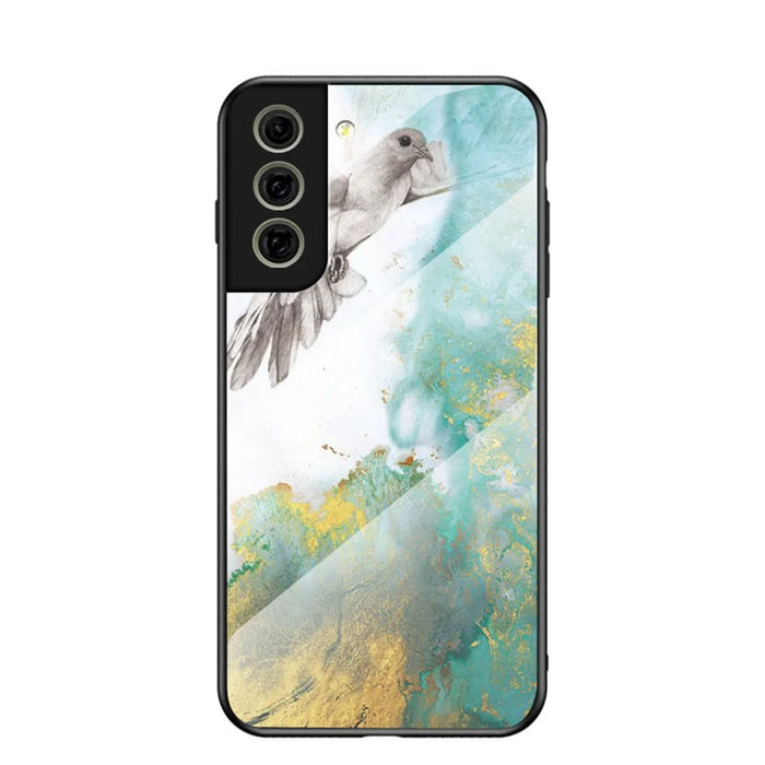 Scratch-Resistant Marble Pattern Luxury Hard Tempered Glass Back Cover Phone Case for Samsung Galaxy S21 FE - Flying Pigeon Marble - 1