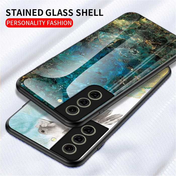 Scratch-Resistant Marble Pattern Luxury Hard Tempered Glass Back Cover Phone Case for Samsung Galaxy S21 FE - Flying Pigeon Marble - 4