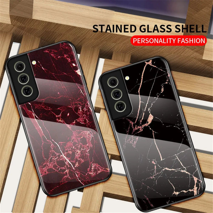 Scratch-Resistant Marble Pattern Luxury Hard Tempered Glass Back Cover Phone Case for Samsung Galaxy S21 FE - Flying Pigeon Marble - 5