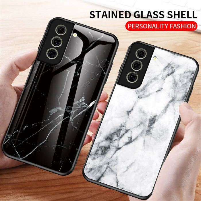 Scratch-Resistant Marble Pattern Luxury Hard Tempered Glass Back Cover Phone Case for Samsung Galaxy S21 FE - Flying Pigeon Marble - 6