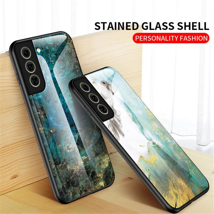 Scratch-Resistant Marble Pattern Luxury Hard Tempered Glass Back Cover Phone Case for Samsung Galaxy S21 FE - Flying Pigeon Marble - 7