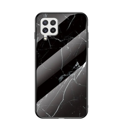 Tempered Glass Marble Pattern Shockproof Hybrid Protective Phone Hard PC Soft TPU Cover for Samsung Galaxy A22 4G (EU Version) - Black Marble - 1